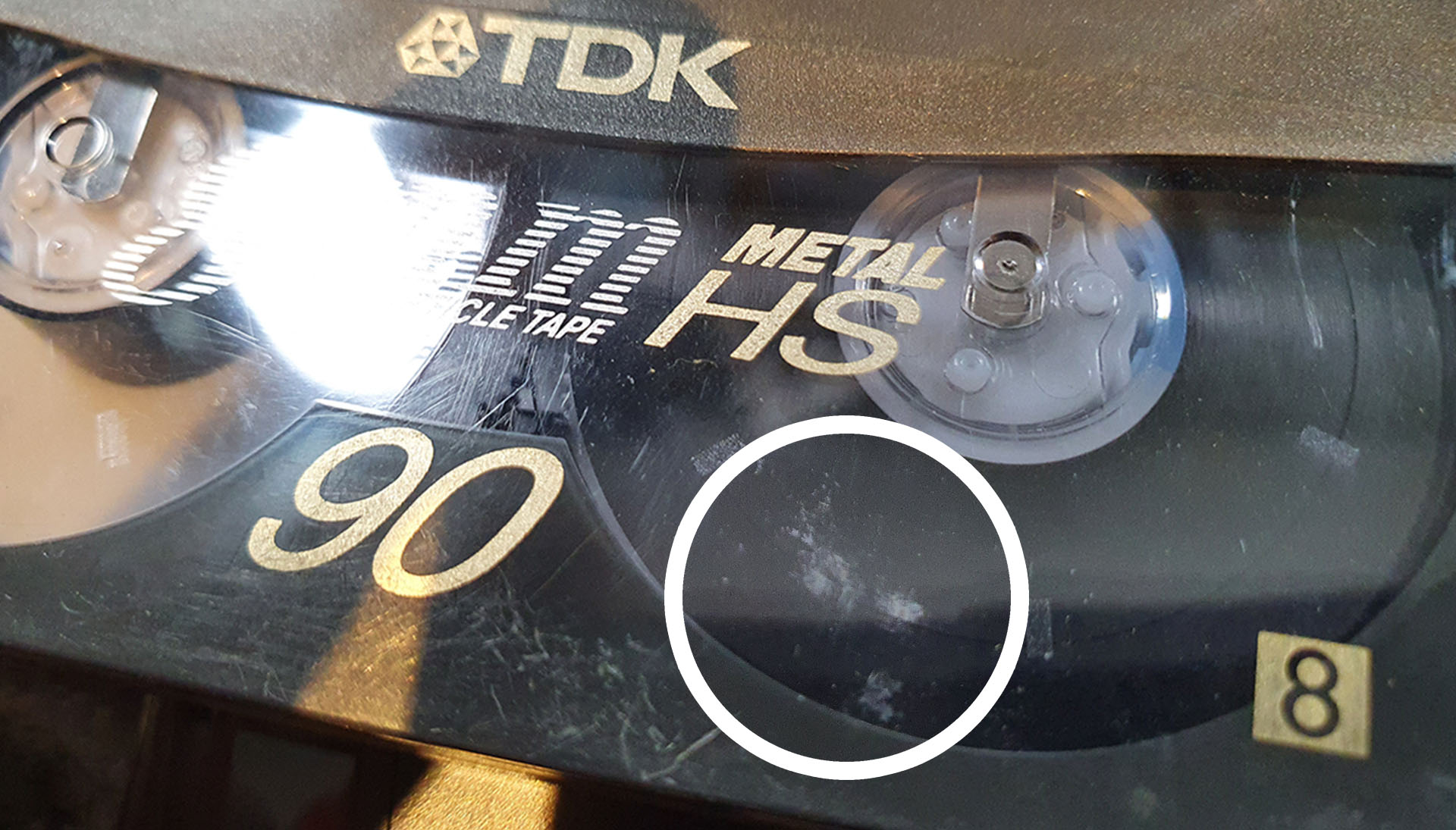 An example of mould on a tape (highlighted) An example of mould on a tape (highlighted)